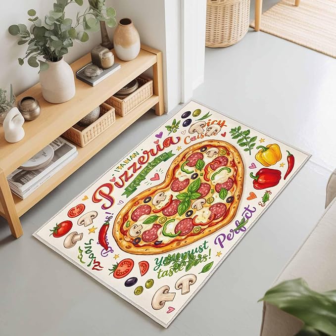 Area Rug 2x3ft, Cartoon Pizza Watercolor Graffiti Washable Rugs for Living Room Bedroom, Farmhouse Vegetable Leaves Soft Non-Slip Area Rugs Rectangle Floor Carpet for Dining Room