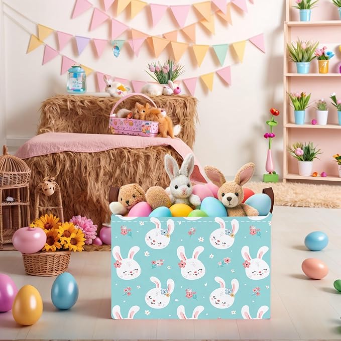 Kid Large Empty Easter Basket Gift Personalized Fabric Bunny Easter Basket for Boy and Girl Room Decor Storage Bin (Happy Rabbit Flower Blue)