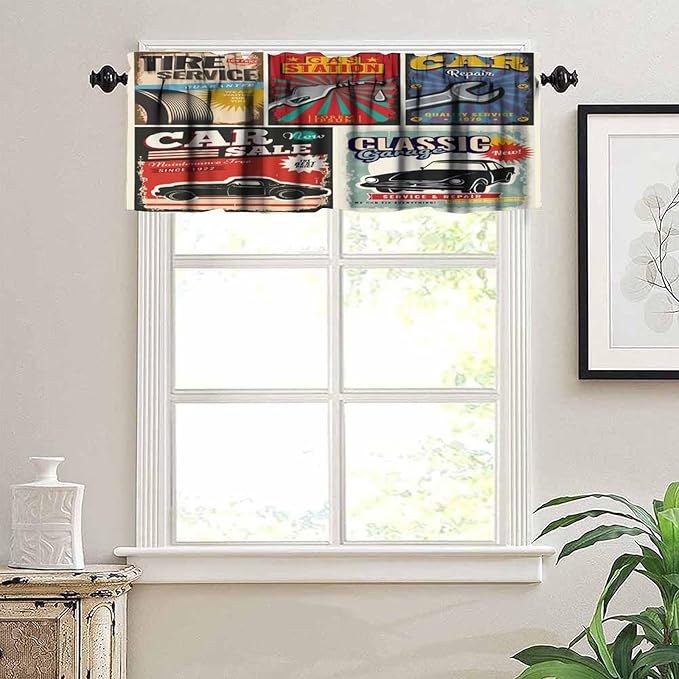 Vintage Car Signs Valance Curtain Retro Automobile Advertising Repair Vehicle Garage Servicing Rod Pocket Valance Window Treatments Short Curtains for Kitchen Bathroom 54x18inch