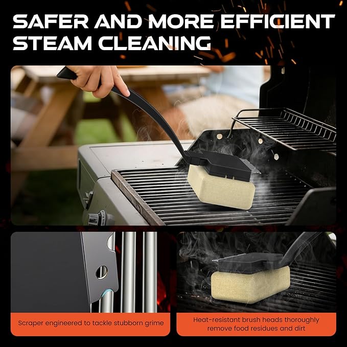 Bristle Free Grill Brush and Scraper, 14 Inch Steam BBQ Cleaner with 3 Replaceable Heads, Heavy Duty Cleaning Tool for Gas, Charcoal, Electric and Kettle Grills
