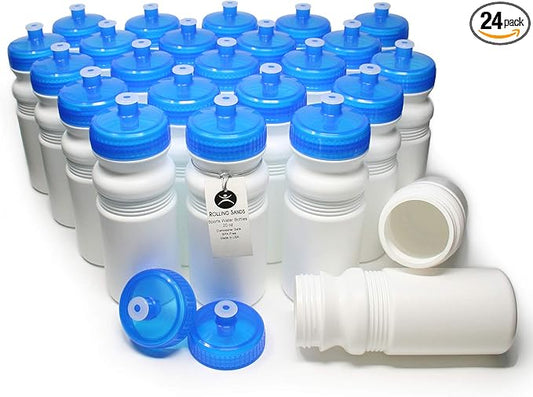 Rolling Sands Reusable Bulk Water Bottles 24 Pack - 20 Oz Sports Water Bottles, USA Made, BPA-Free, Wide Mouth for Easy Cleaning, Dishwasher Safe, Break Resistant - White Bottle/Blue Lid