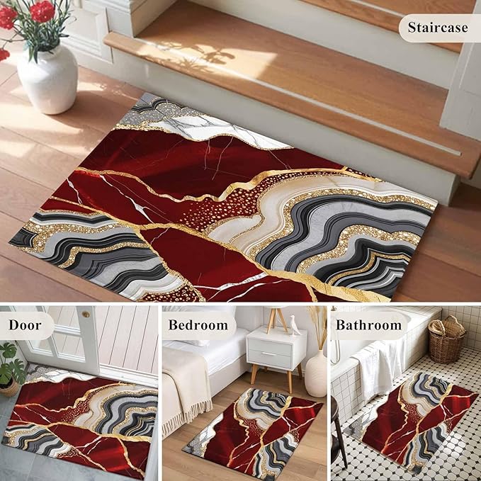 Area Rug 2x3ft, Abstract Flowing Marble Fluid Art Washable Rugs for Living Room Bedroom, Red and Gold Lines Soft Non-Slip Area Rugs Rectangle Floor Carpet for Dining Room