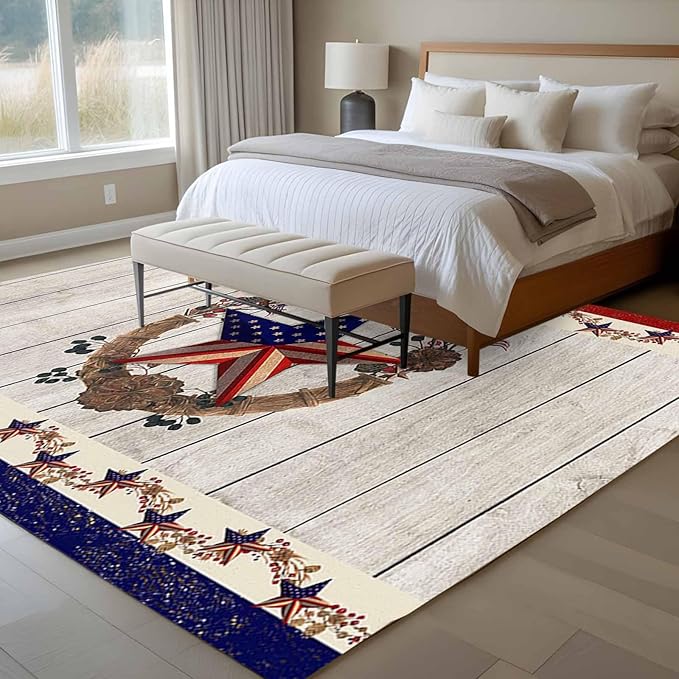 Area Rug 6x9ft, Retro USA Flag Star and Berry Washable Rugs for Living Room Bedroom, Wooden Texture Soft Non-Slip Area Rugs Rectangle Floor Carpet for Dining Room