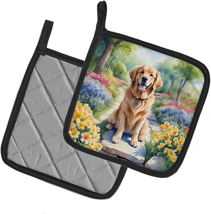 Caroline's Treasures Golden Retriever Spring Path Pair of Pot Holders Kitchen Heat Resistant Pot Holders Sets Oven Hot Pads for Cooking Baking BBQ, 7 1/2 x 7 1/2