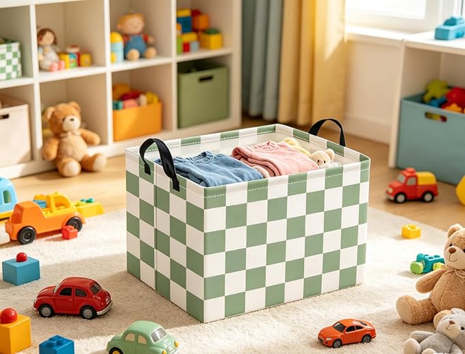 HIYAGON Rectangular Kids Basket Baby Girl Basket Fabric Storage Bin Organizer Box Room Decor(Green Checkered)