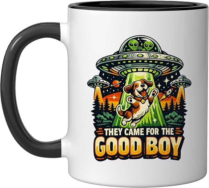 Retro sci-fi dog ufo humor they came for the good boy Ceramic Mug, Black/White