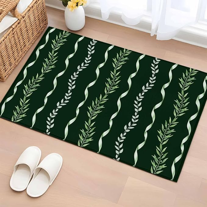 Area Rug 2x3ft, Botanical Leaves Green Ribbons Washable Rugs for Living Room Bedroom, Summer Foliage Plant Soft Non-Slip Area Rugs Rectangle Floor Carpet for Dining Room