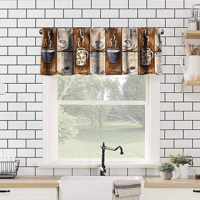 Vintage Coffee Curtain Valance, Rustic European City Paris Rome Pisa Short Window Treatment for Kitchen Cafe Bedroom Dining Living Room Home Decor, 54x18Inch
