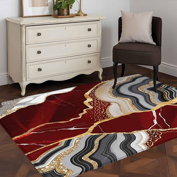 Area Rug 3x5ft, Abstract Flowing Marble Fluid Art Washable Rugs for Living Room Bedroom, Red and Gold Lines Soft Non-Slip Area Rugs Rectangle Floor Carpet for Dining Room
