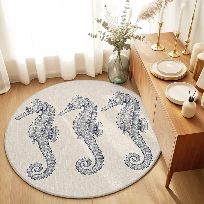 Washable Round Area Rug Marine Life Seahorse on Burlap Circle Rugs Floor Carpet for Living Room Bedroom, Farmhouse Ocean Theme Soft Non Slip Round Rug 5ft