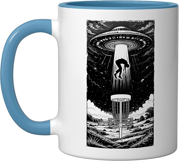 Disc Golf UFO Funny Flying Saucer Alien Abduction Basket Ceramic Mug, Blue/White