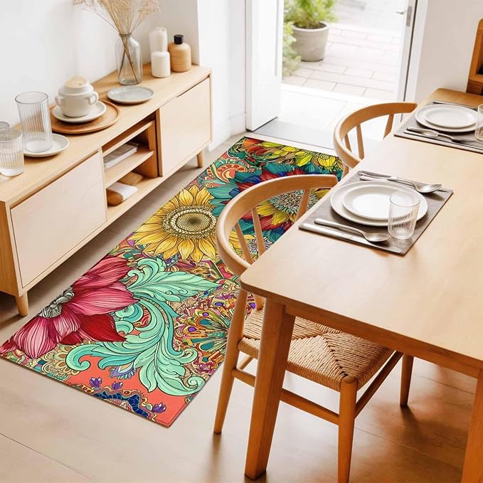 Runner Rug for Bedroom Hallway, Boho Colorful Blossom Flower Kitchen Runner Rugs Area Rug 2x6ft, Country Retro Ethnic Floral Washable Soft Floor Carpet for Entryway Stair