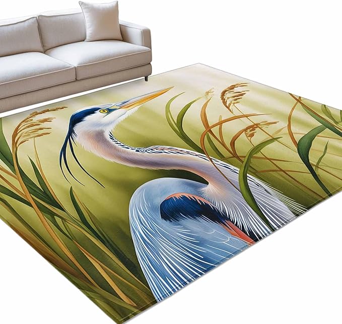 Area Rug 9x12ft, Natural Bird Wetland Landscape Washable Rugs for Living Room Bedroom Rectangle Floor Carpet, Wild Heron Grass Soft Non-Slip Area Rugs for Dining Room
