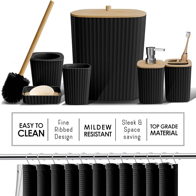 Clara Clark Bathroom Accessories Set - Bathroom Set, Bathroom Sets with Shower Curtain and Rugs, Shower Curtain Set with Bathroom Trash Can - Black - 22PC