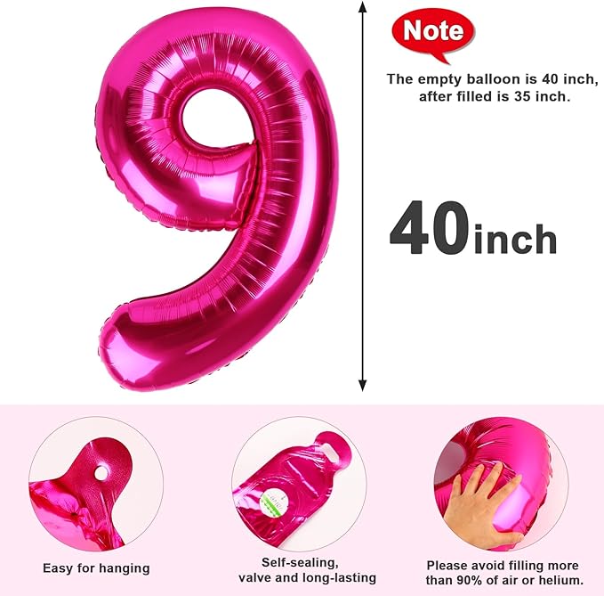 40 Inch Hot Pink Numbers 9 Balloon, Balloons Decorations for 9 19 90 Birthday Party, Engagement, Wedding, Graduations, Photo Shoot Supplies