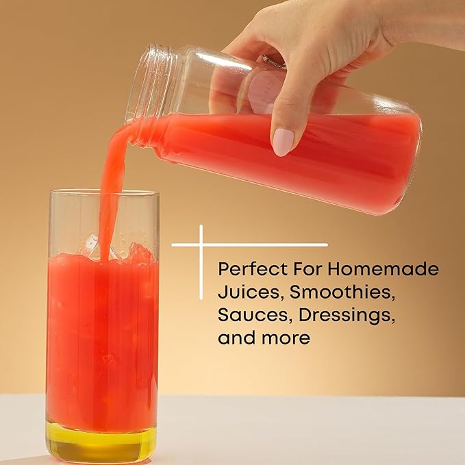 JoyJolt Glass Juice Bottles, 16 oz Glass Bottles with Caps. Set of 8 Juice Containers with Lids for Fridge, and Labels for Juice Jars. Glasses for Juice, Cold Brew Bottles, Smoothie Jars