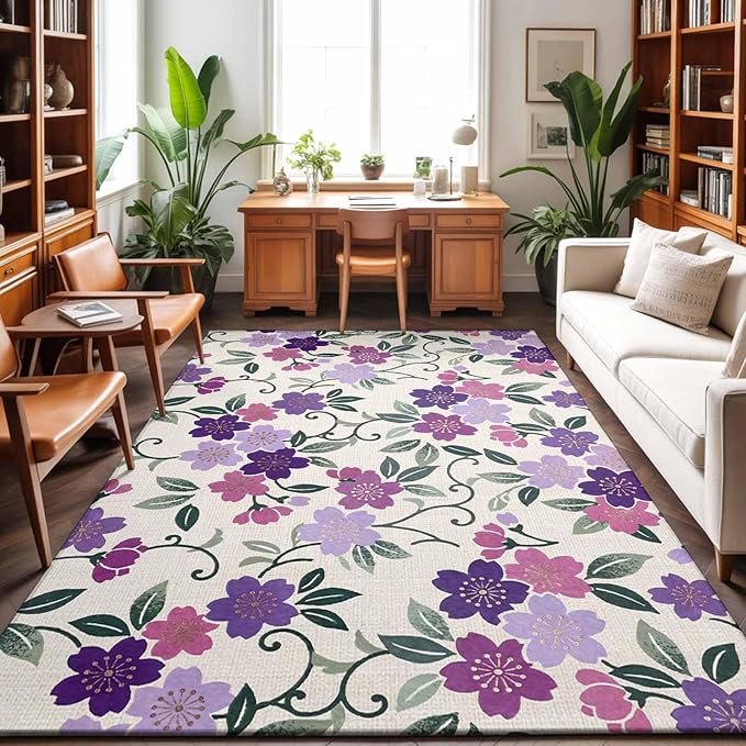 Area Rug 4x6ft, Watercolor Country Flowers Washable Rugs for Living Room Bedroom, Plum Blossoms on Linen Soft Non-Slip Area Rugs Rectangle Floor Carpet for Dining Room