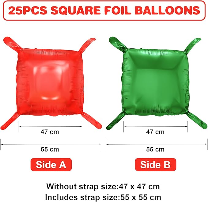 Red Green Square Foil Balloon Wall,25Pcs Double Sided Balloon Backdrop Helium Balloons Tunnel Arch Garland Kit for Christmas Birthday Anniversary Party Decorations