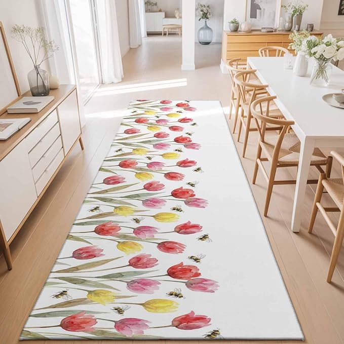 Runner Rug for Bedroom Hallway, Red Pink Yellow Tulips Bees Kitchen Runner Rugs Area Rug 2x6ft, Watercolor Flower Leaves Washable Soft Floor Carpet for Entryway Stair