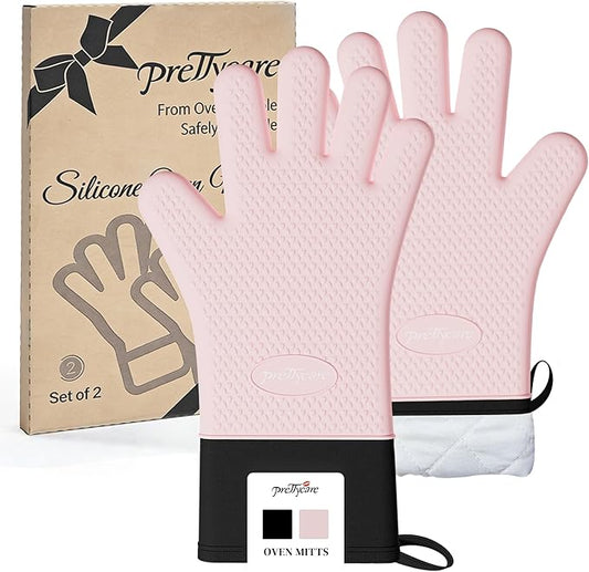 PrettyCare Silicone Oven Mitts, Waterproof & Non-Slip Oven Gloves with Fingers,Cotton Lined Silicone Oven Gloves Kitchen Mitts-Heat Resistant for Baking Cooking BBQ,Women（Pink