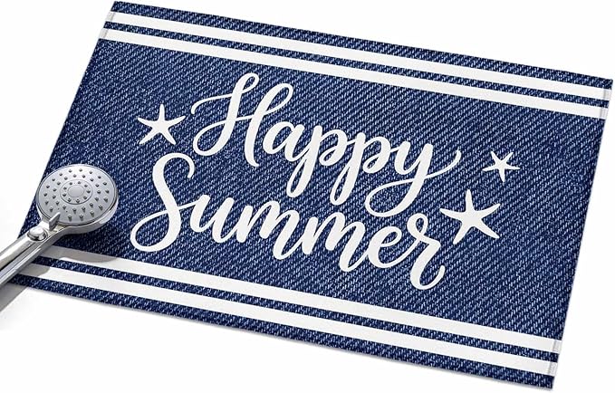 Area Rug 2x3ft, Happy Summer Quote Ocean Starfish Washable Rugs for Living Room Bedroom, Navy Blue Stripe Denim Texture Soft Non-Slip Area Rugs Rectangle Floor Carpet for Dining Room