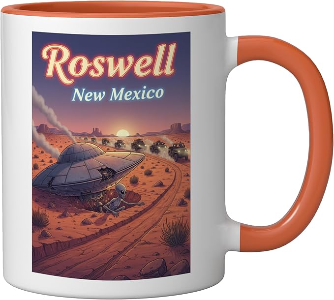 Roswell New Mexico UFO Crash in the Desert Alien Souvenir Ceramic Mug, Orange/White