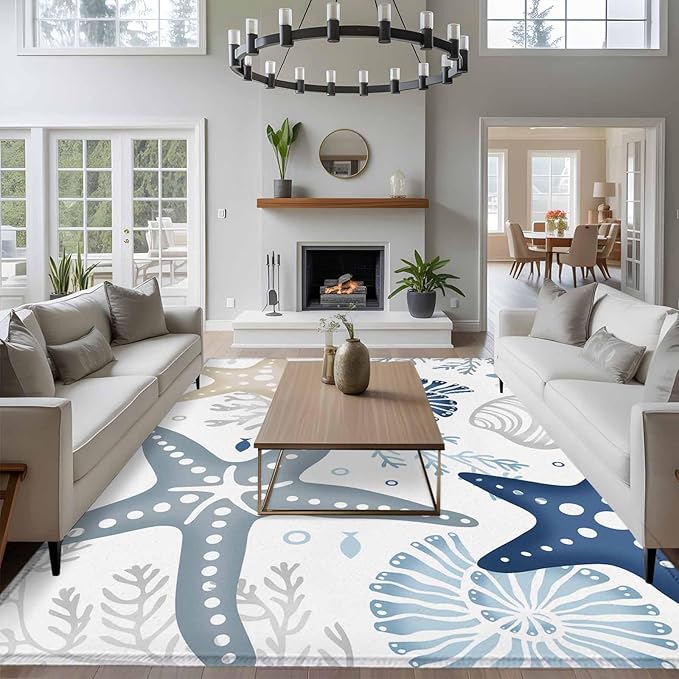 Area Rug 6x9ft, Ocean Starfish Shell Conch Washable Rugs for Living Room Bedroom, Sea Blue Coral Seamless Soft Non-Slip Area Rugs Rectangle Floor Carpet for Dining Room