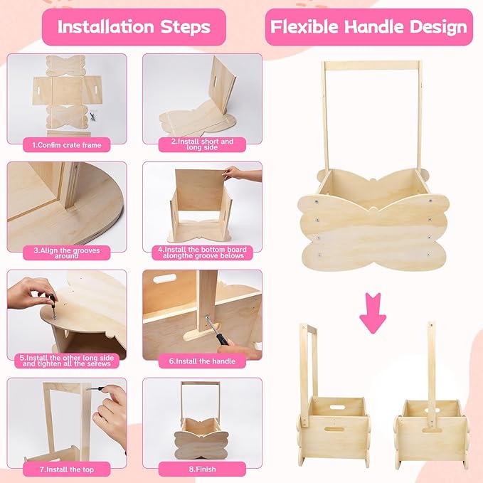 Baby Shower Basket, Wooden Baby Shower Crate Closet with Handle, Large Capacity Baby Closet Personalized Baby Gifts Basket for Newborn Girls, Pregnancy Gifts for New Parent