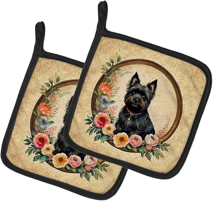 Caroline's Treasures Cairn Terrier and Flowers Pair of Pot Holders Kitchen Heat Resistant Pot Holders Sets Oven Hot Pads for Cooking Baking BBQ, 7 1/2 x 7 1/2