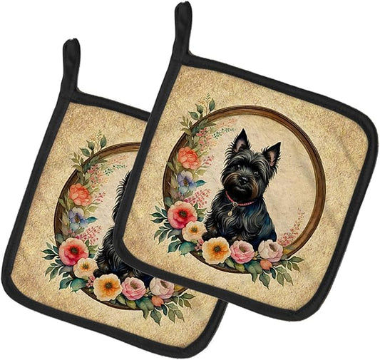 Caroline's Treasures Cairn Terrier and Flowers Pair of Pot Holders Kitchen Heat Resistant Pot Holders Sets Oven Hot Pads for Cooking Baking BBQ, 7 1/2 x 7 1/2