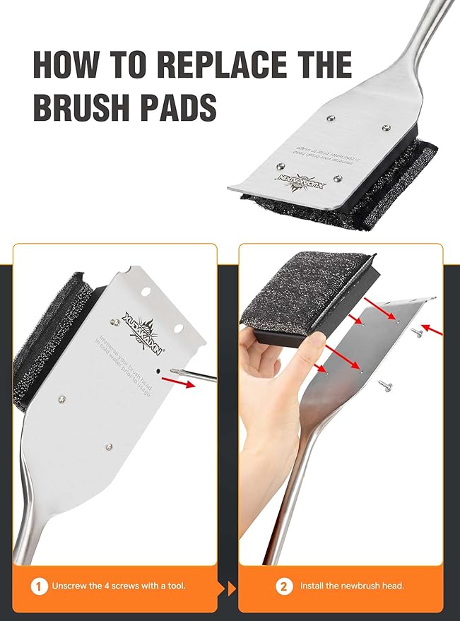 XUDKAKAIXIN Grill Brush Bristle Free,No Bristle Shedding,with 2 Replacement Head,Unique Steel Fibers Pad Perfect for Cast Iron/Stainless-Steel Grates-,Grill Cleaner for Outdoor Gril