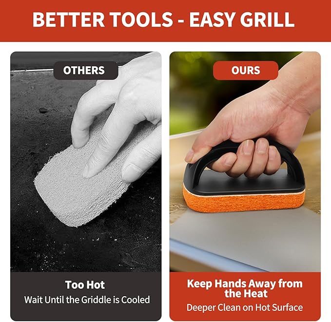 Griddle Cleaning Kit for Blackstone – Grill Stone, Non-Scratch Scouring Pads, Heavy-Duty Scraper & Ergonomic Handles – Flat Top Grill Accessories (8PCS Orange)
