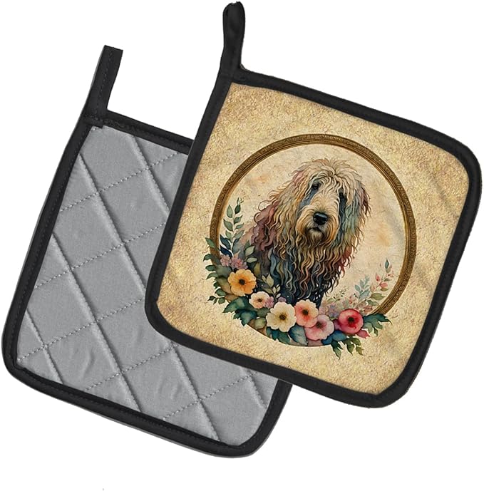 Caroline's Treasures Komondor and Flowers Pair of Pot Holders Kitchen Heat Resistant Pot Holders Sets Oven Hot Pads for Cooking Baking BBQ, 7 1/2 x 7 1/2