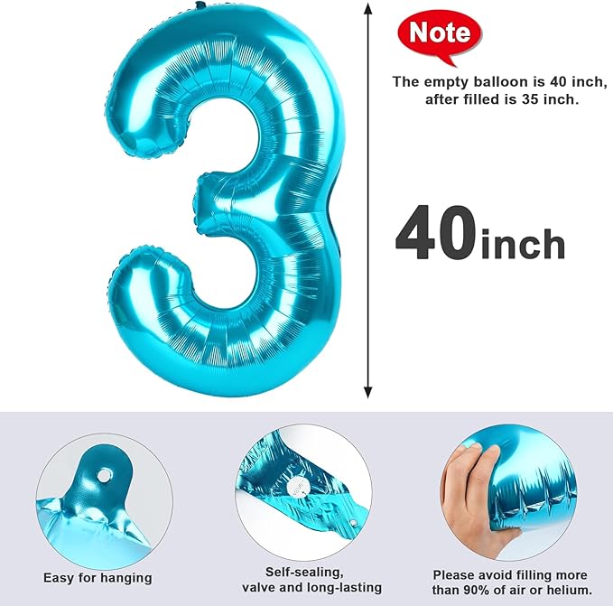Numbers Balloon 3, 40 Inch Large Light Blue Balloon for Three Year Old Birthday Decor, 3 13 30 31 Birthday Party Decorations for Wedding Supplies