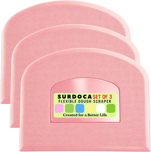 SURDOCA Dough Scraper Bench Scraper - 3P 8.3x5.5" Plastic Flexible Bowl Scraper, Sharp Edge & Angles Cake Scraper. Non-Slip Bakeware Decorating Tools Sculpting & Modeling Tools - Pure Pink