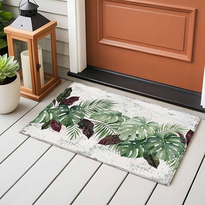 Area Rug 2x3ft, Summer Green Monstera Palm Leaves Washable Rugs for Living Room Bedroom, Vintage Botantical Soft Non-Slip Area Rugs Rectangle Floor Carpet for Dining Room