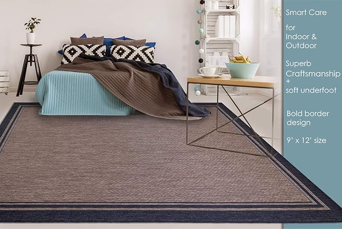 Gertmenian Indoor/Outdoor Flatweave Area Rug - 9x13 Extra Large, Stain & UV Resistant, Ideal For Deck, Patio, Poolside, Mudroom - Simple Border, Black/Tan, 22012