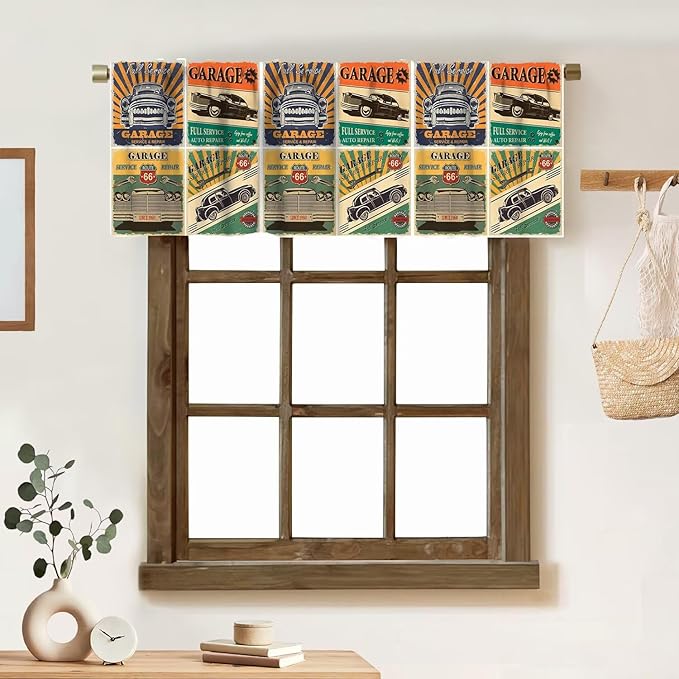 Cars Valance Curtain Vintage Car Stall Retro Garage Repair Shop Rod Pocket Valance Window Treatments Short Curtains for Kitchen Bathroom Farmhouse Living Room Decor 54x18inch