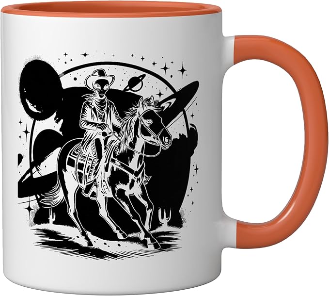 Alien Lover Flying Saucer UFO Extraterrestrial Cowboy Ceramic Mug, Orange/White