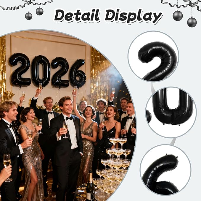 Black 2026 Balloons, Large 32 Inch Foil 2026 Number Balloons, Grad Balloons for Class of 2026 Graduation Party, Black Matellic Foil New Year Birthday Home Office Party Supplies