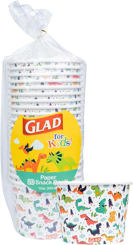 Glad for Kids Dinosaurs Paper Snack Bowls, Colorful Heavy Duty Microwave Safe Disposable Bowls for Soup, Ice Cream, and Snacks, Lids Not Included, Multicolor, Party Pack, 12 Oz, 20 Count