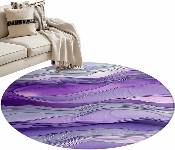 Washable Round Area Rug Abstract Art Purple Gray Wave Circle Rugs Floor Carpet for Living Room Bedroom, Vintage Marble Texture Soft Non Slip Round Rug 3ft