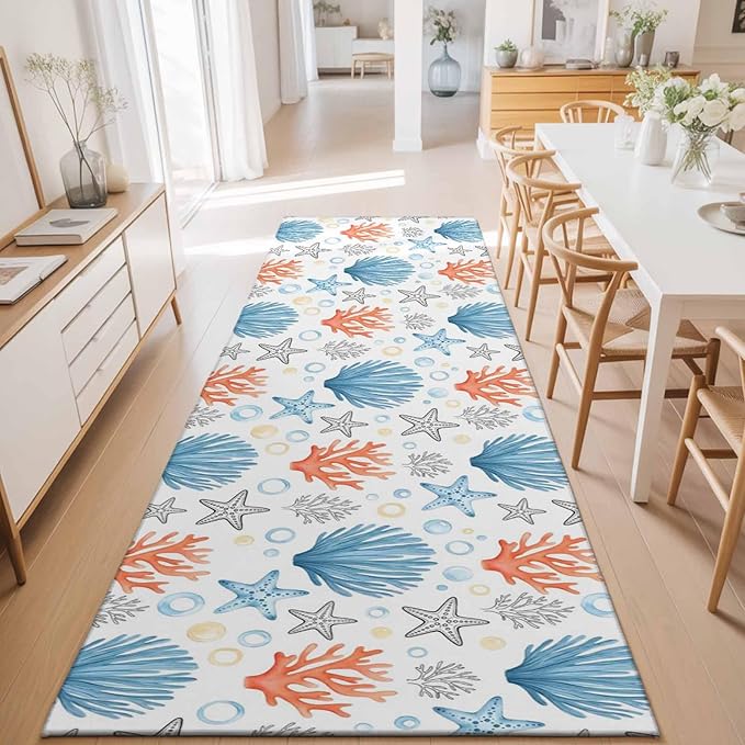 Runner Rug for Bedroom Hallway, Coastal Starfish Shell Coral Kitchen Runner Rugs Area Rug 2x6ft, Ocean Bubble Blue Black Orange Washable Soft Floor Carpet for Entryway Stair