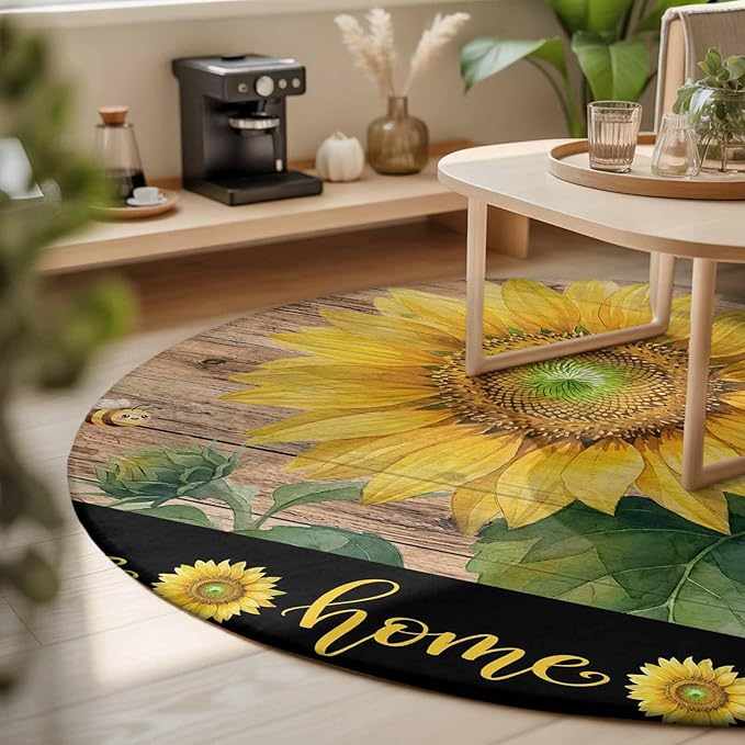 Washable Round Area Rug Summer Sunflowers Bees Circle Rugs Floor Carpet for Living Room Bedroom, Farmhouse Wood Background Soft Non Slip Round Rug 3ft