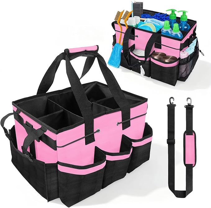 ALSLEA Cleaning Caddy Bag Heavy-Duty Organizer Tote for Housekeepers, Janitors & Home Cleaning Supplies with Adjustable Shoulder Strap & Multiple Pockets (Pink)