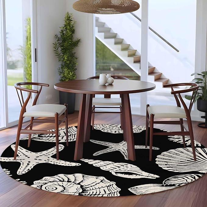 Washable Round Area Rug Marine Starfish Shell Conch Circle Rugs Floor Carpet for Living Room Bedroom, Ocean Life on Black Soft Non Slip Round Rug 5ft