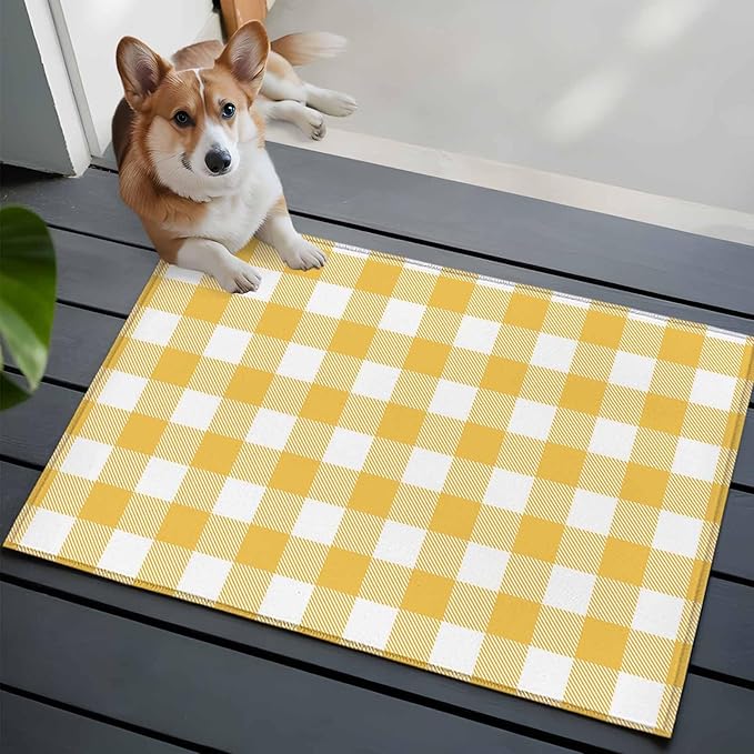 Area Rug 2x3ft, Rustic Country Yellow and White Buffalo Lattice Checked Washable Rugs for Living Room Bedroom, Farm Style Soft Non-Slip Area Rugs Rectangle Floor Carpet for Dining Room