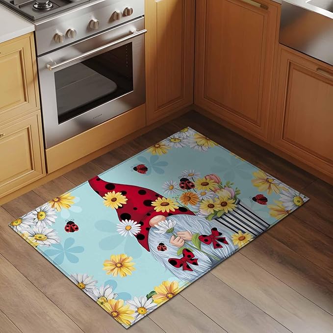 Area Rug 2x3ft, Summer Ladybug Gnome Daisy Flower Washable Rugs for Living Room Bedroom, Watercolor Bloom Floral on Blue Soft Non-Slip Area Rugs Rectangle Floor Carpet for Dining Room