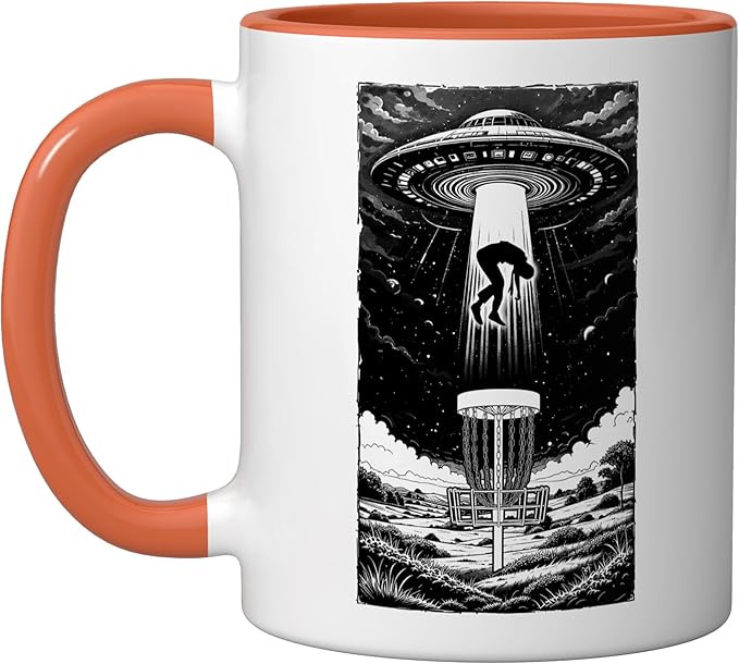 Disc Golf UFO Funny Flying Saucer Alien Abduction Basket Ceramic Mug, Orange/White