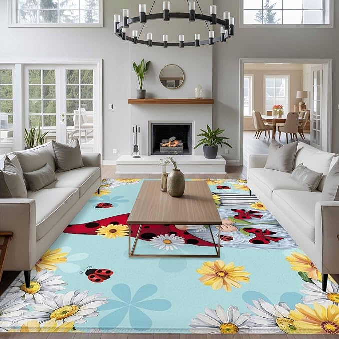 Area Rug 6x9ft, Summer Ladybug Gnome Daisy Flower Washable Rugs for Living Room Bedroom, Watercolor Bloom Floral on Blue Soft Non-Slip Area Rugs Rectangle Floor Carpet for Dining Room